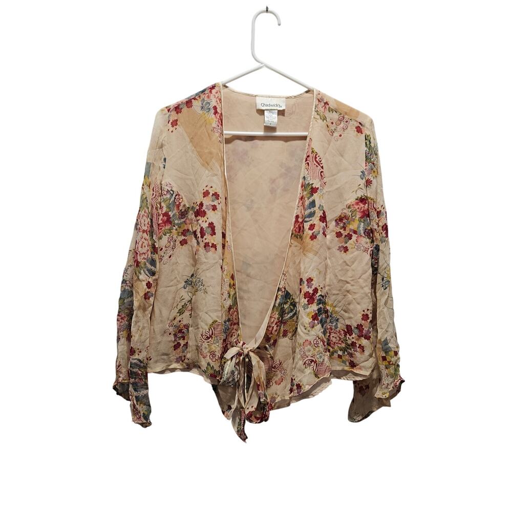 Chadwicks 100% Silk Floral Cardigan Jacket Tie Front Cottagecore Size 6